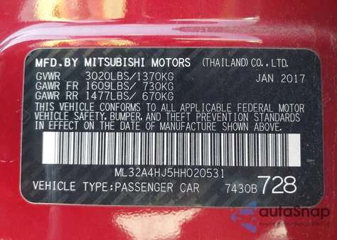 2017 Mitsubishi Mirage Se z USA, uszkodzony, nr VIN ML32A4HJ5HH020531